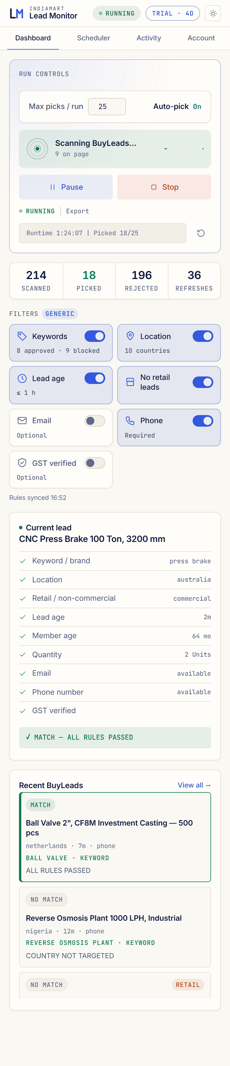 Winnow side panel — Dashboard tab, example data